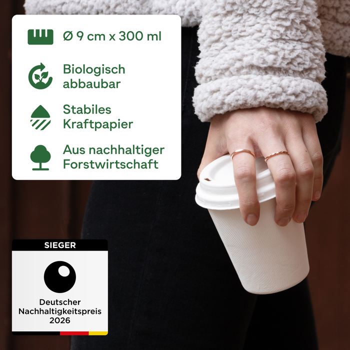 To Go Kaffeebecher-Set mit Deckel, 300ml, Bagasse, Ø 9 cm