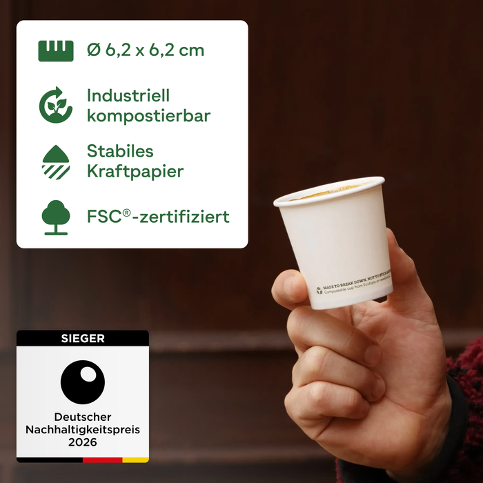 Bio-Pappbecher, 100 ml, kompostierbar, FSC®-zertifiziert, einwandig, weiß