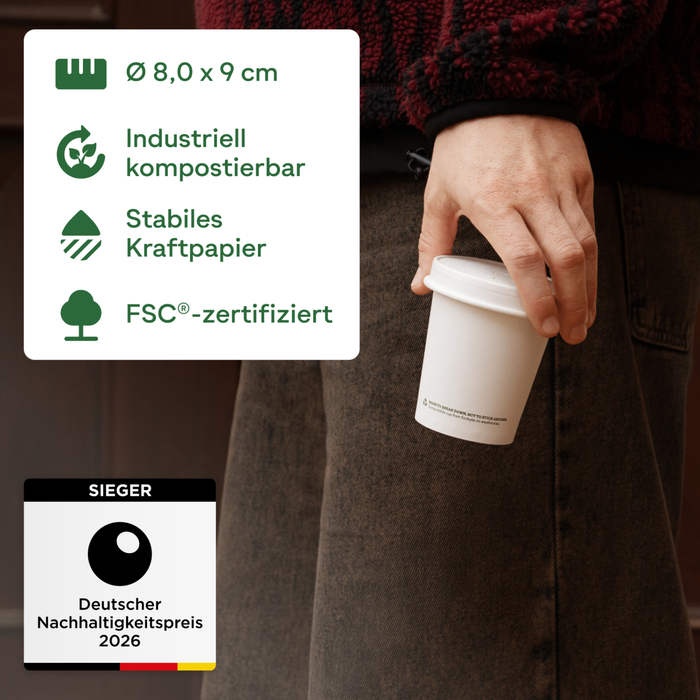 Bio-Pappbecher, 200 ml, kompostierbar, FSC®-zertifiziert, einwandig, weiß