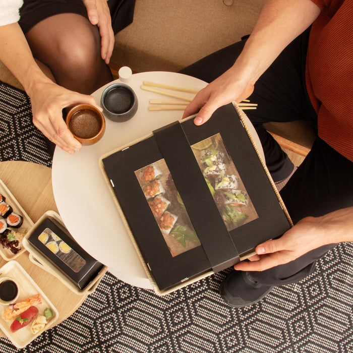 Nachhaltige Party Servierplatte, aus Palmblatt mit Sichtfenster, LEEF, 27 × 27 × 5,5  cm