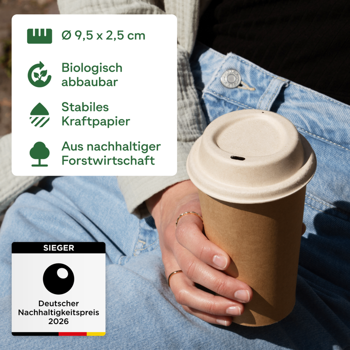 To-Go-Deckel für 300 und 400 ml Bio-Pappbecher, Bagasse, nachhaltig & stabil, braun, Ø 9 cm