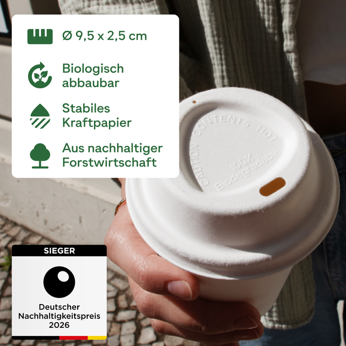To-Go-Deckel für 300 und 400 ml Bio-Pappbecher, Bagasse, nachhaltig & stabil, weiß, Ø 9 cm