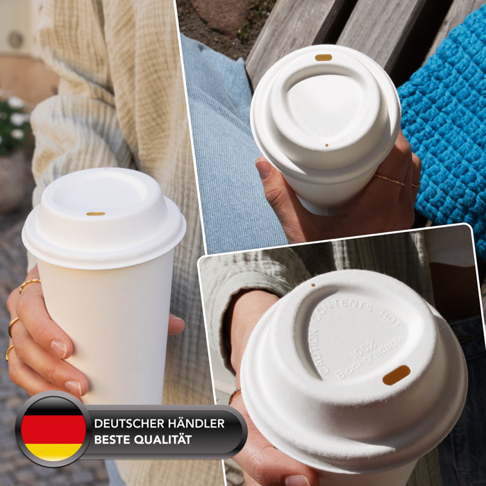 To-Go-Deckel für 300 und 400 ml Bio-Pappbecher, Bagasse, nachhaltig & stabil, weiß, Ø 9 cm