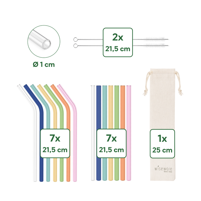 Glas Trinkhalm Set bunt: 14 Halme + 2 Bürsten