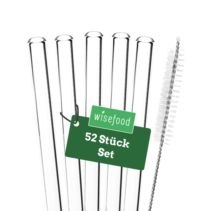 Glas Trinkhalm Set: 50 Halme 21cm + 2 Bürsten