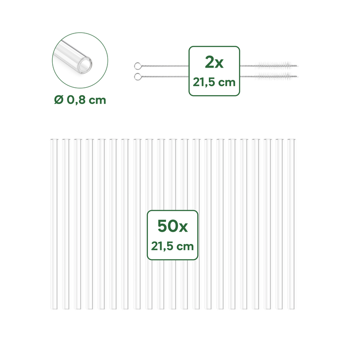 Glas Trinkhalm Set: 50 Halme 21cm + 2 Bürsten