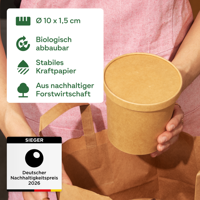 Bio-Pappdeckel für 200, 300 & 400 ml Papier-Becher, FSC®-zertifiziert, heim-kompostierbar, braun, Ø 9,8 cm 