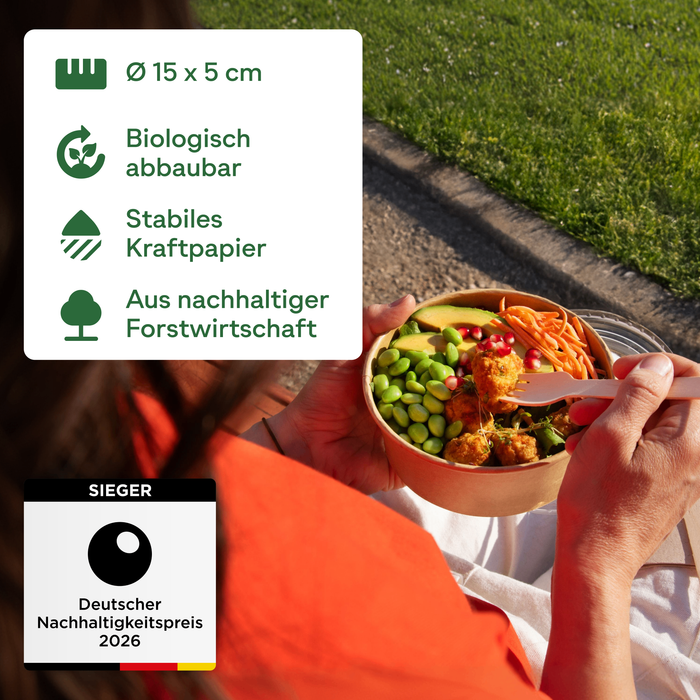 Bio-Take-Away-Schale, 500 ml, Papier, FSC®-zertifiziert, heim-kompostierbar, braun, Ø 15 x 5 cm