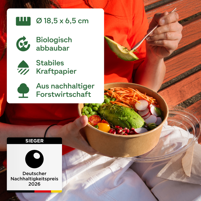 Bio-Take-Away-Schale, 1000 ml, Papier, FSC®-zertifiziert, heim-kompostierbar, braun, Ø 18,5 x 6,5 cm