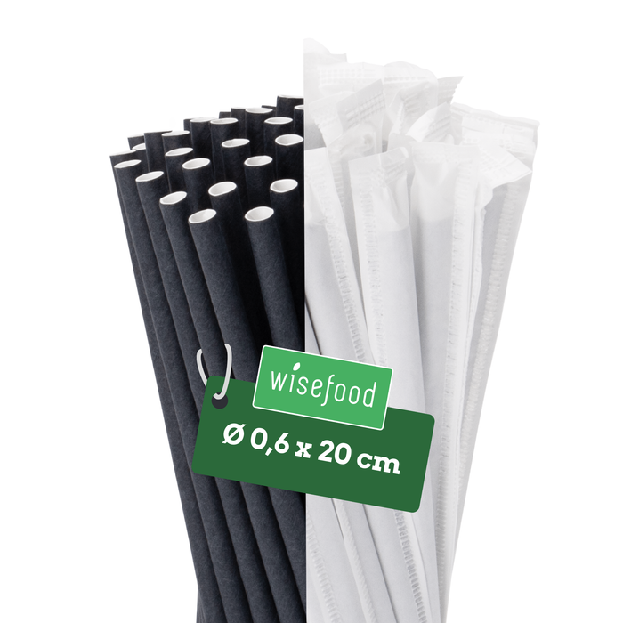 Papier-Strohhalme, schwarz, einzeln verpackt, Ø 0,6 x 20 cm