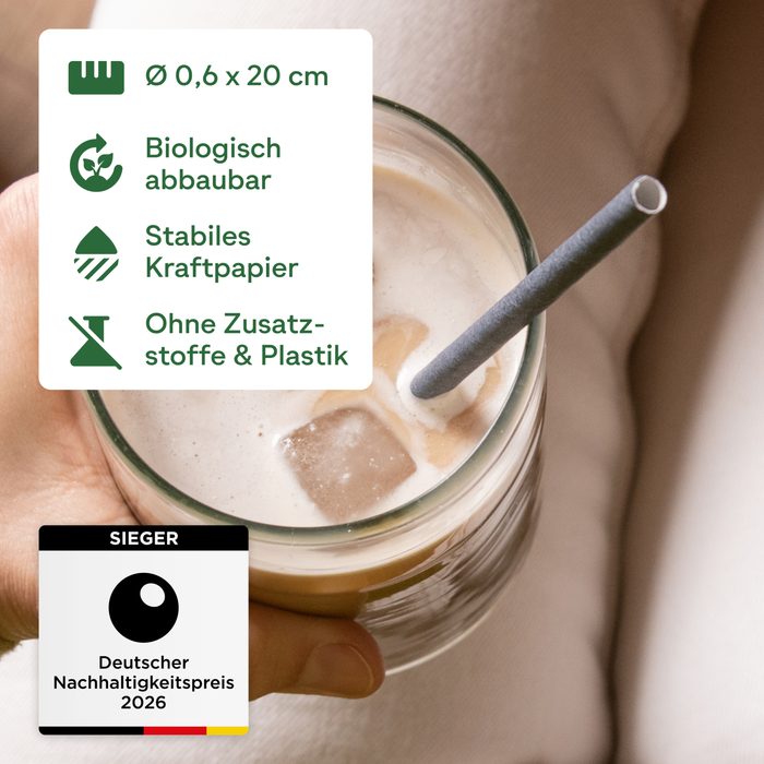 Papier-Strohhalme, schwarz, einzeln verpackt, Ø 0,6 x 20 cm