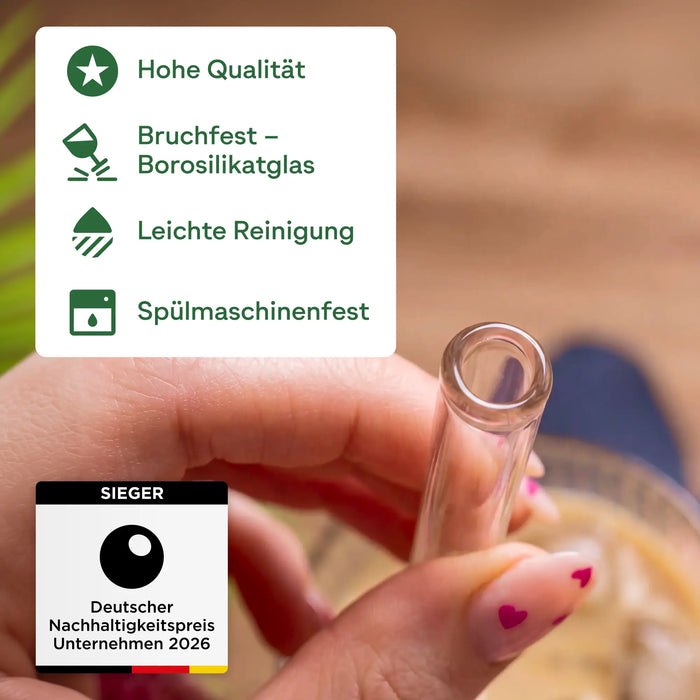 Glas-Trinkhalm-Set, Borosilikatglas, transparent, 19 Halme (Ø 1 x 15 cm bzw. 21,5 cm) + 4 Bürsten + Beutel