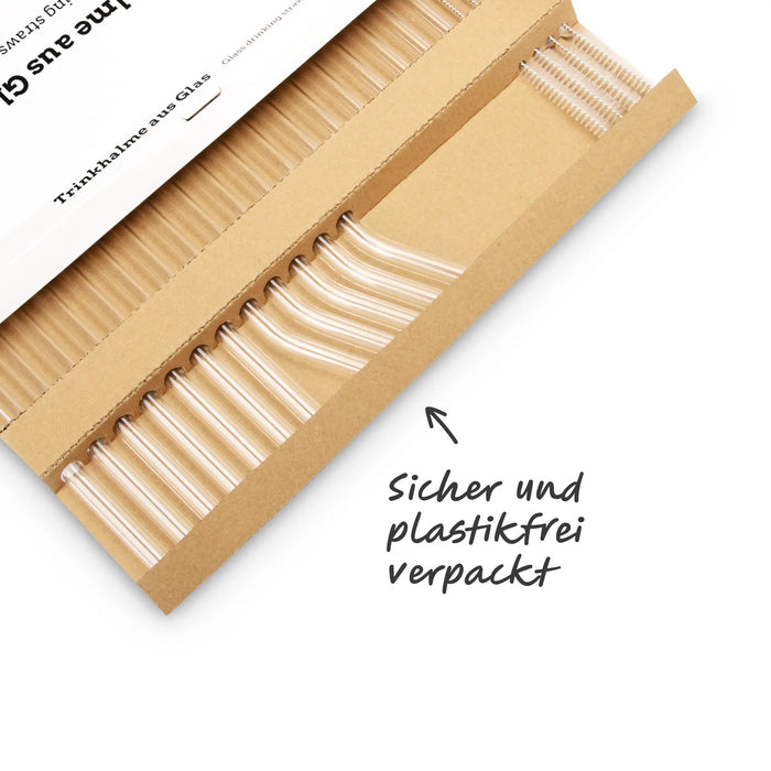 Glas-Trinkhalm-Set, Borosilikatglas, transparent, 19 Halme (Ø 1 x 15 cm bzw. 21,5 cm) + 4 Bürsten + Beutel