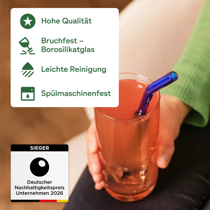 Glas-Trinkhalm-Set, Borosilikatglas, bunt, 14 Halme (Ø 1 x 21,5 cm) + 2 Bürsten + Beutel