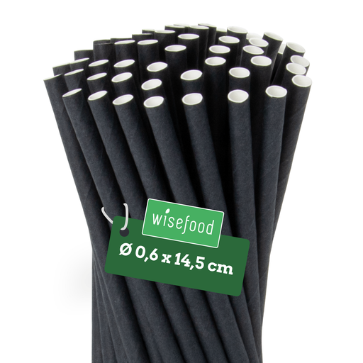 Strohhalm aus Papier, schwarz, 14,5 cm lang, 0,6 cm Durchmesser