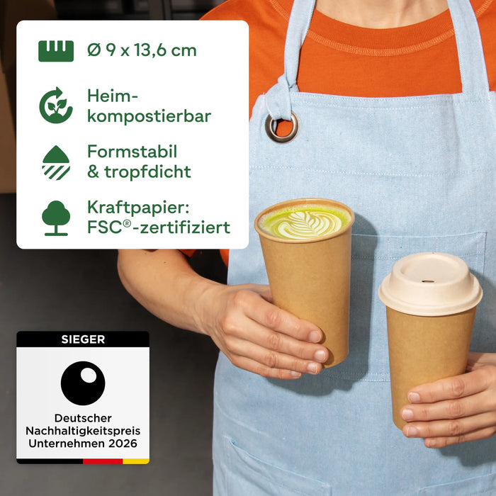 Papierbecher 400 ml, kraft, heim-kompostierbar, braun, Ø 9 x 13,6 cm