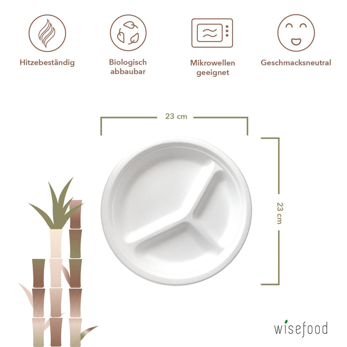 Bagasse Teller 3 Fach - 23cm (rund, weiß) - Wiseware