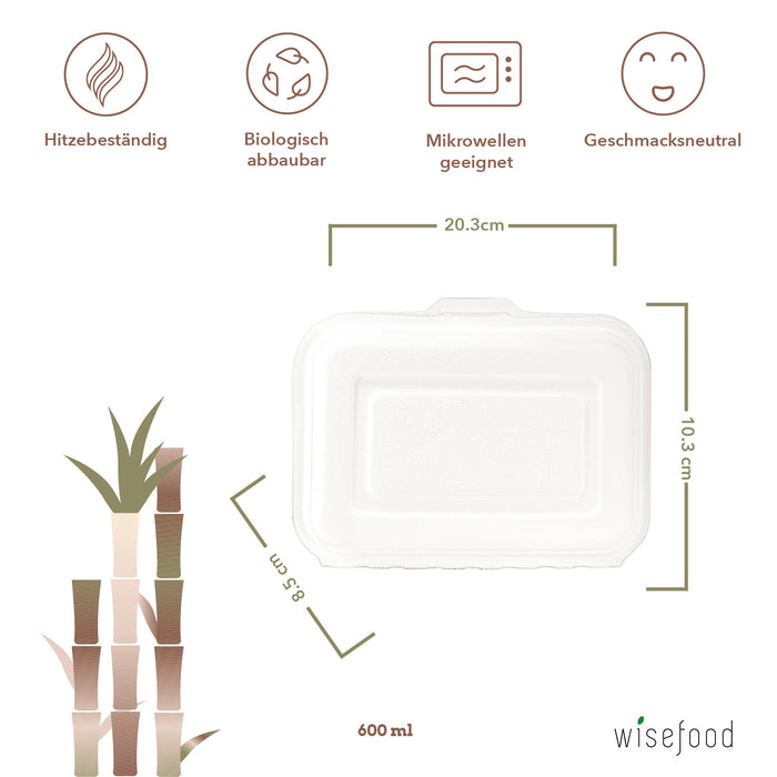 Bio Zuckerrohr Bagasse Menübox Lunchbox - 21 x 20 x 8cm - 600ml  (weiß)