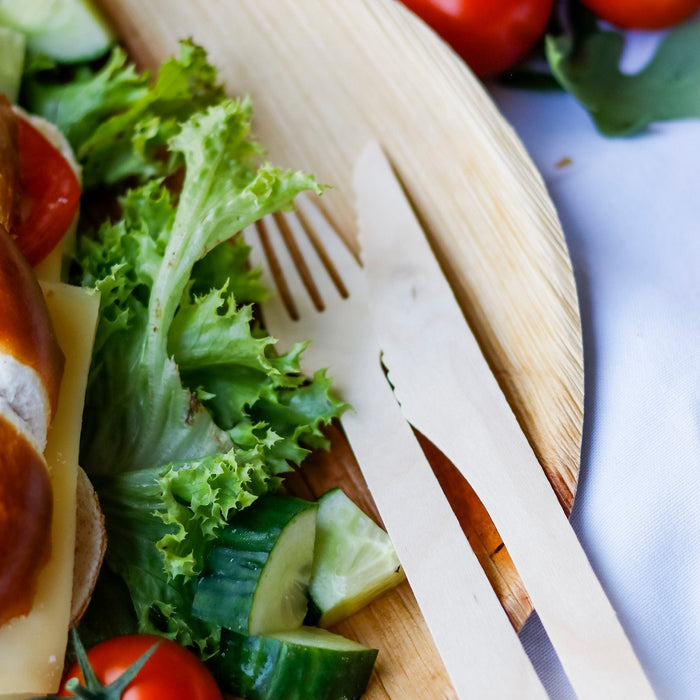 Besteckset aus Holz Gabel und Holz Messer einzeln verpackt. 16.5 cm - 15000 Sets (Karton)