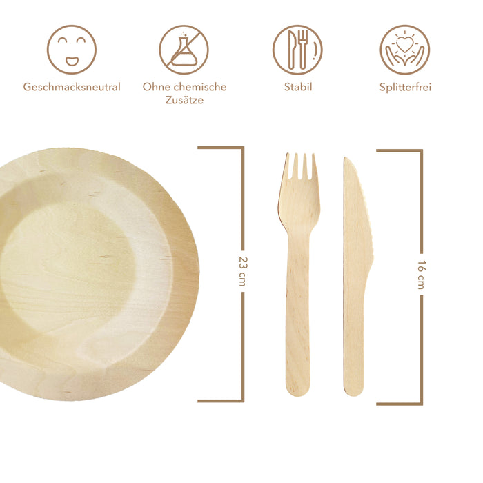Birkenholz Geschirrset (Teller, Messer und Gabel) - rund Ø 23cm