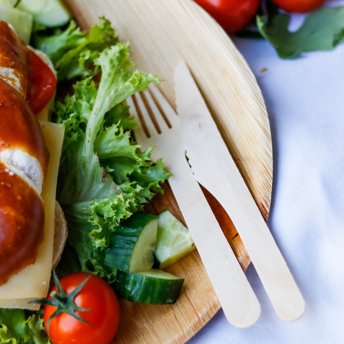 Birkenholz Geschirrset (Teller, Messer und Gabel) - rund Ø 23cm