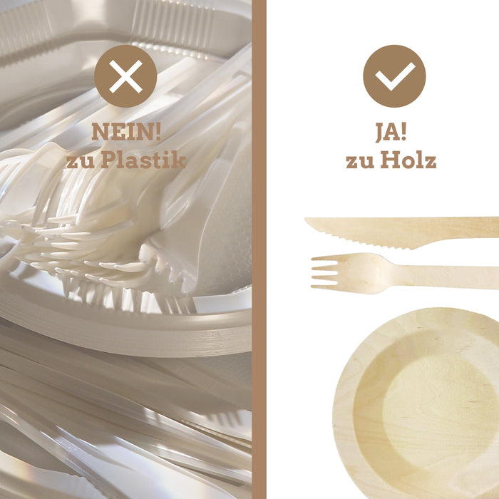 Birkenholz Geschirrset (Teller, Messer und Gabel) - rund Ø 23cm