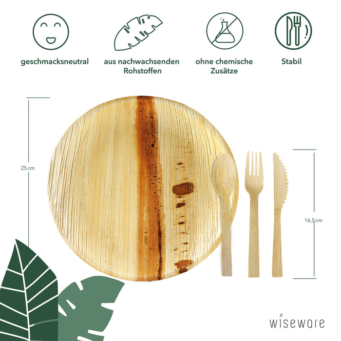 Palmblatt Geschirrset 25 Palmblattteller 23cm, 20 Messer, 20 Gabel & 20 Löffel