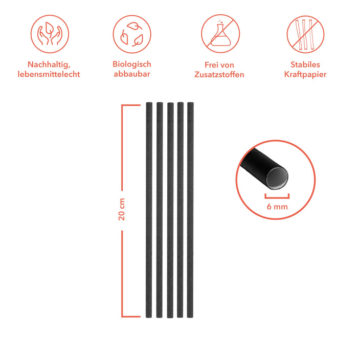 Papier Strohhalme 6x200mm schwarz einzeln verpackt - 500 Strohhalme