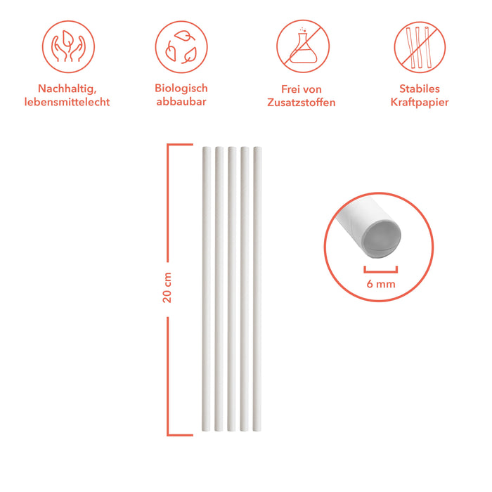Papier Strohhalme 6x200mm weiß - 100 Strohhalme