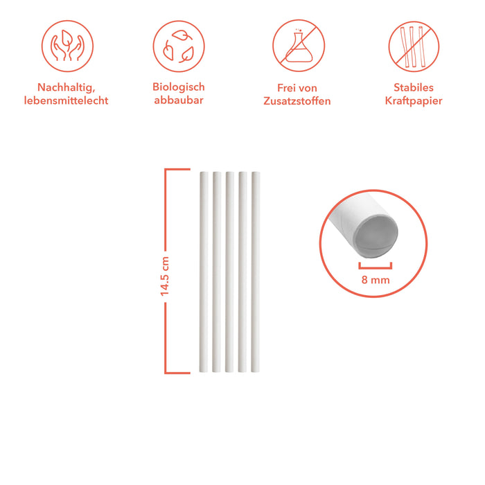 Papier Strohhalme 8x145mm weiß - 100 Strohhalme